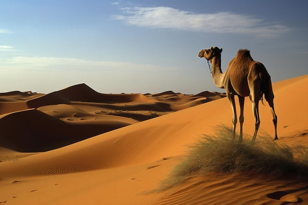 Un chameau se dresse dans le désert avec les dunes de sable en arrière-plan.