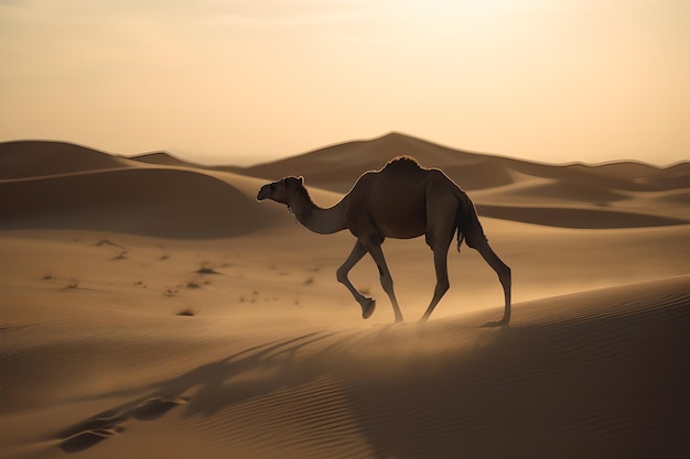 Un chameau se promène dans le désert au coucher du soleil.