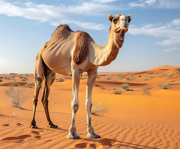 Un chameau se tient dans le désert avec un chameau sur le sable
