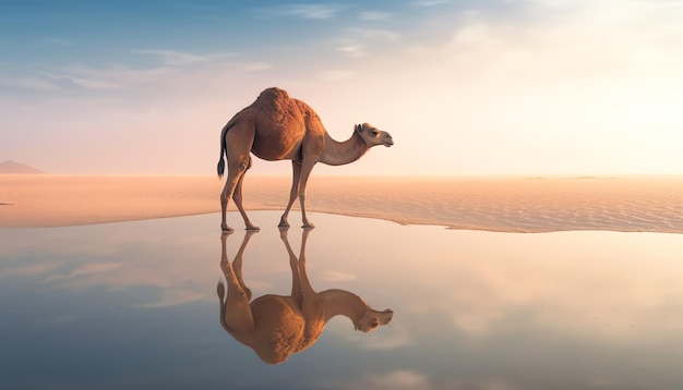 Un chameau se tient dans le désert avec le coucher de soleil derrière lui