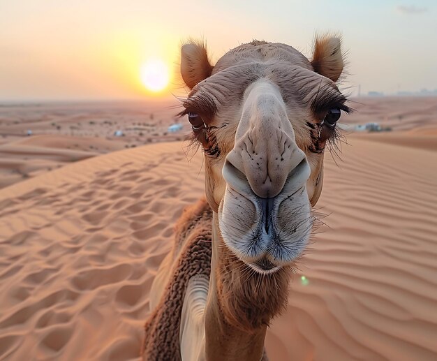 un chameau avec des yeux et un nez de chameau est dans le désert
