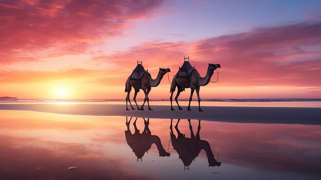 Photo chameaux au coucher du soleil sur la plage