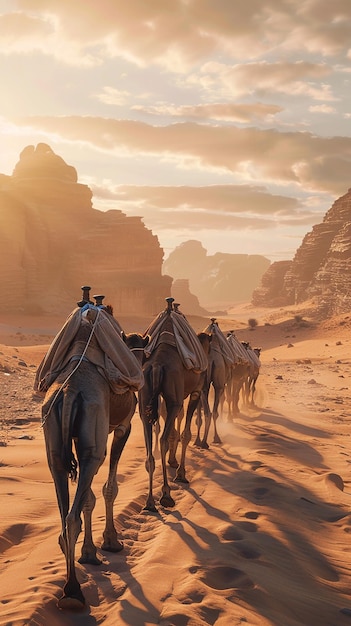 Les chameaux de la caravane du désert voyagent dans les sables ensoleillés