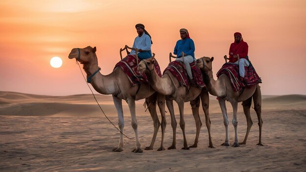 Photo les chameaux conduisent les chameaux au coucher du soleil dans le désert de thar au couchement du soleil à jaisalmer au rajasthan en inde