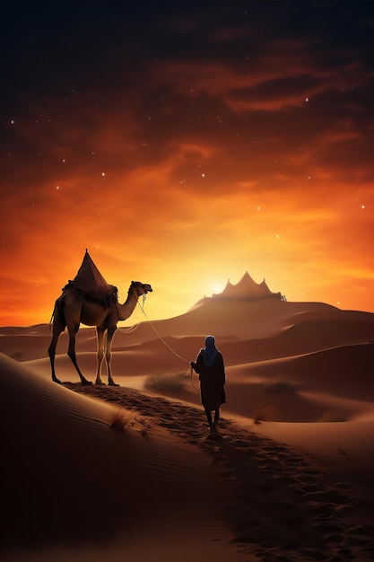 des chameaux dans le désert d'Arabie au coucher du soleil créent à l'aide d'outils d'IA génératifs