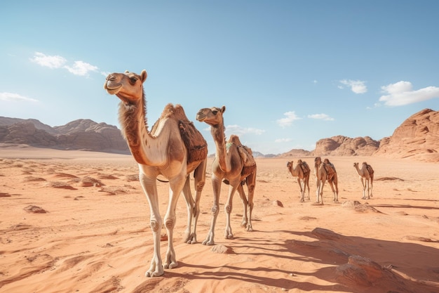 Chameaux dans le désert du Sahara Maroc Afrique Mise au point sélective Chameaux dans le désert du Wadi Rum Jordanie en été Généré par l'IA