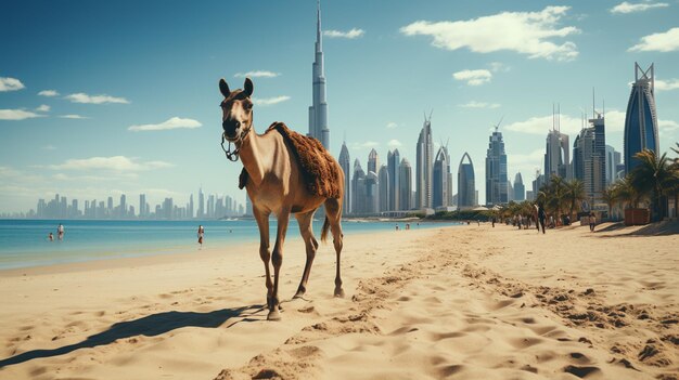 Photo les chameaux sur la plage de jumeirah et les gratte-ciel en arrière-plan à dubaïdubaïémirats arabes unis