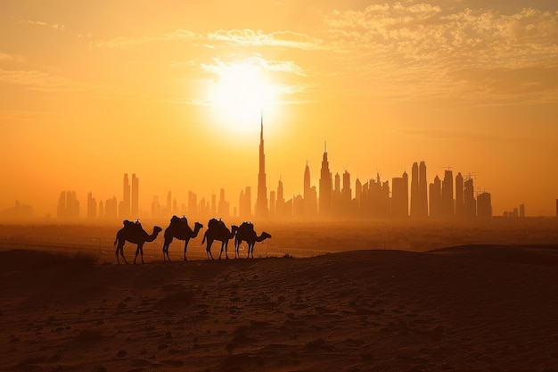 Des chameaux en silhouette contre une silhouette de Dubaï au coucher du soleil d'un groupe de chameaux avec des cavaliers inspectant le désert généré par Ai