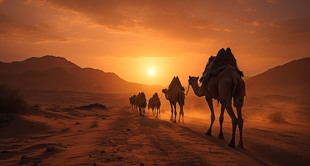 Des chameaux voyageant au milieu du désert avec le ciel au coucher du soleil sur un fond orange