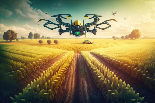 Champ agricole avec cultures et drone agronome volant au-dessus