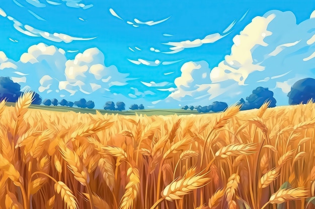 Champ agricole jaune avec blé mûr et ciel bleu avec des nuages au-dessus