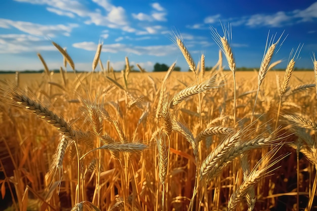 Un champ agricole jaune avec du blé mûr et un ciel bleu