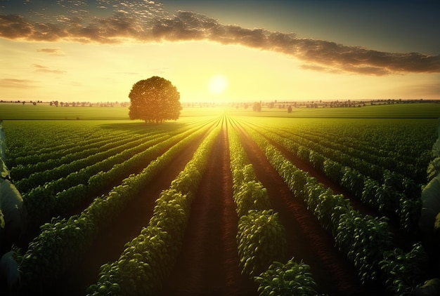 Un champ agricole luxuriant avec le soleil au centre