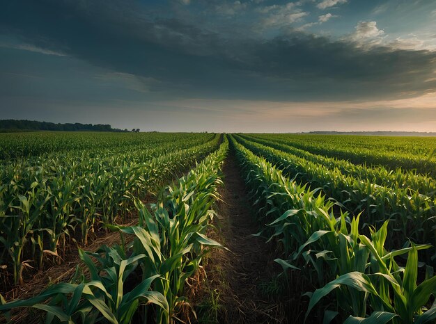 Photo champ agricole avec des plants de maïs verts et un ciel bleu au coucher du soleil