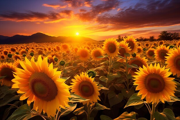 Champ agricole de tournesol en fleurs contre le coucher du soleil IA générative