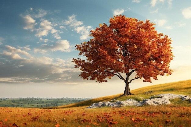 un champ avec un arbre et une pierre au milieu