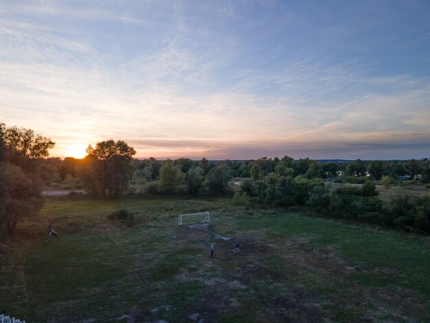 champ et arbres au coucher du soleil