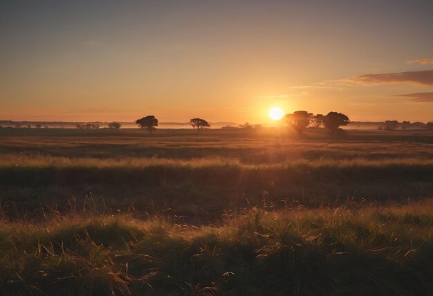 un champ avec des arbres et un coucher de soleil en arrière-plan