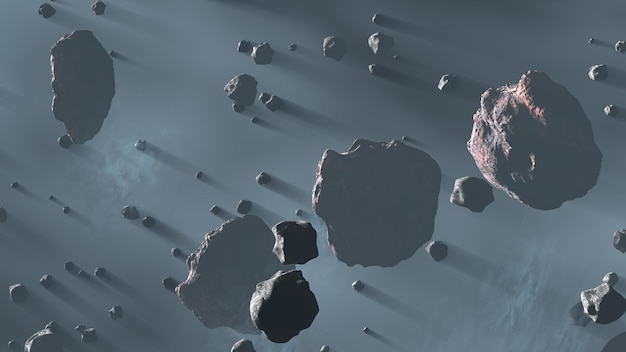 Champ d'astéroïdes volant dans la ceinture spatiale de gros astéroïdes métalliques Roches et essaim de débris volant à travers l'espace fond cosmique rendu 3d