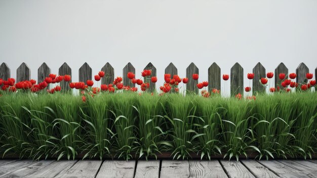 Un champ aux fleurs rouges et une clôture en bois