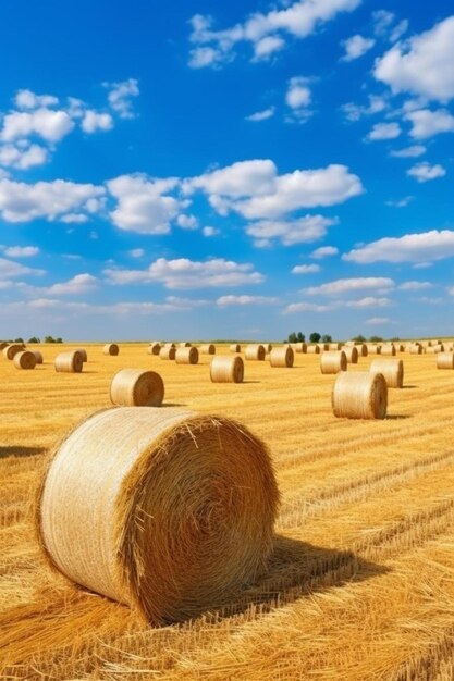 Photo un champ avec des balles de foin avec un ciel bleu et des nuages