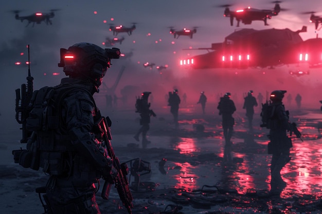 Un champ de bataille technologique avec des soldats futuristes.