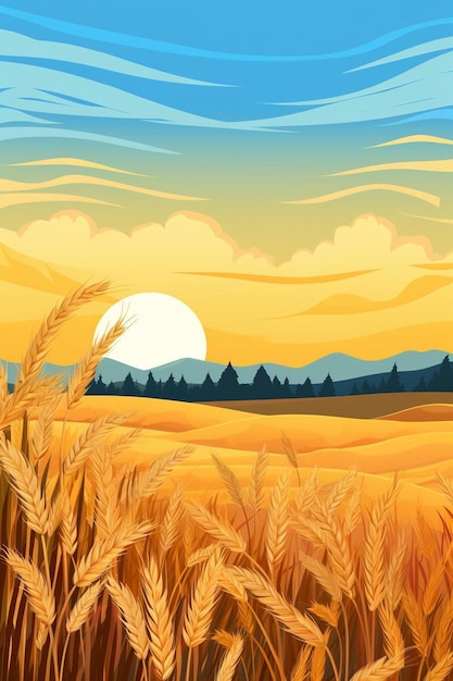 un champ de blé avec un coucher de soleil en arrière-plan