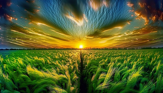 Un champ de blé avec un coucher de soleil en arrière-plan