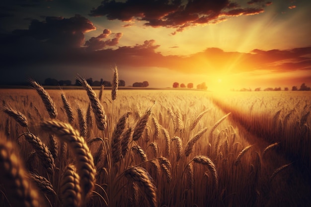 Champ de blé et coucher de soleil