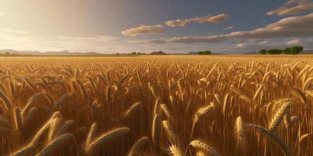 Un champ de blé doré avec un ciel bleu et des nuages en arrière-plan.