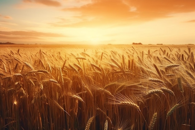 Un champ de blé doré contre un ciel au coucher du soleil