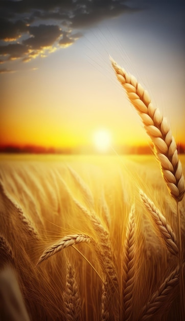 Un champ de blé doré avec un coucher de soleil en arrière-plan