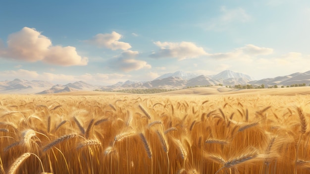 Un champ de blé doré dans un paysage montagneux réaliste