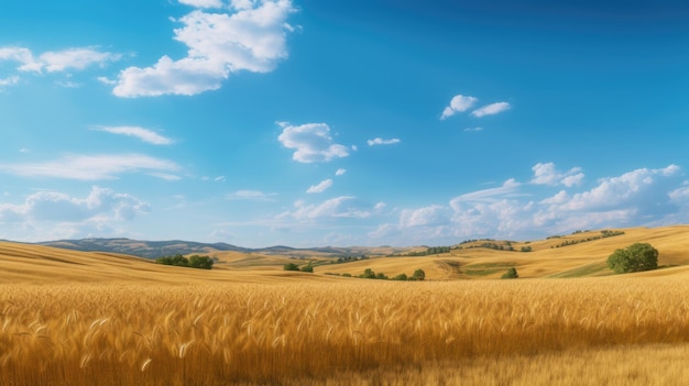 Un champ de blé doré devant un ciel bleu avec des nuages.