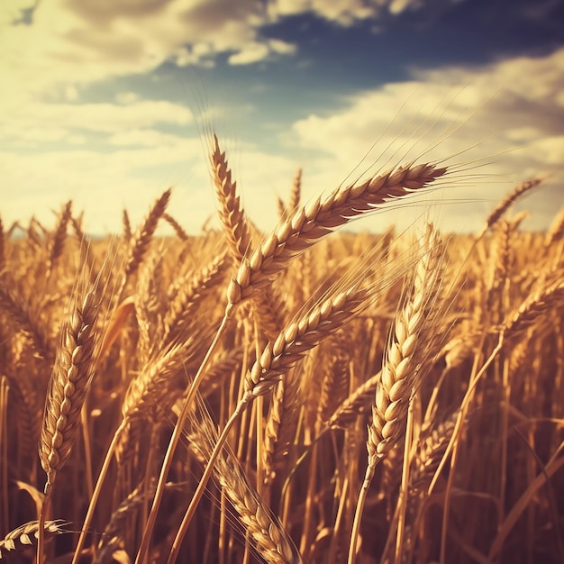 Un champ de blé doré est représenté avec un ciel nuageux en arrière-plan.