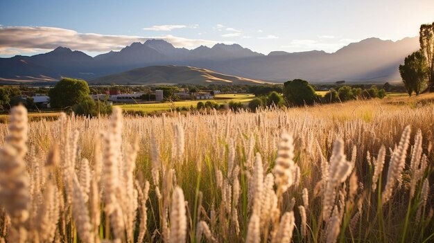 Un champ de blé doré avec des montagnes au loin