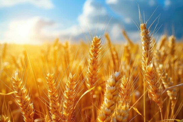 Un champ de blé doré avec un soleil brillant qui brille à travers les nuages