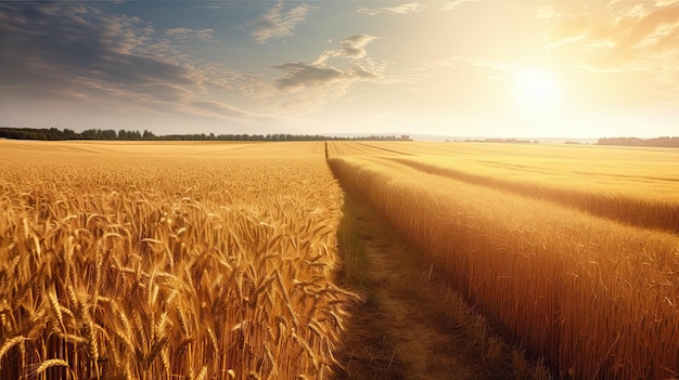 Un champ de blé doré avec le soleil couchant derrière lui