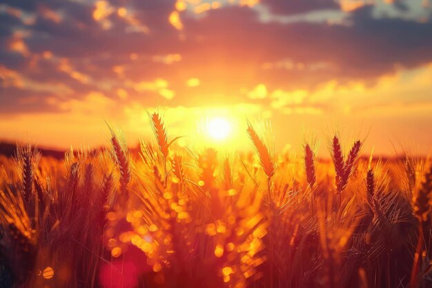 Un champ de blé doré avec un soleil jaune vif en arrière-plan