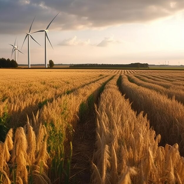 Un champ de blé avec des éoliennes en arrière-plan.