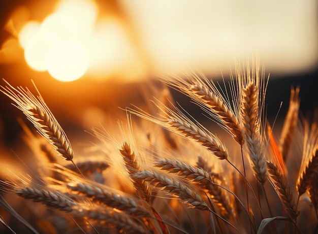 Champ de blé Des épis de blé sur un fond flou du coucher de soleil