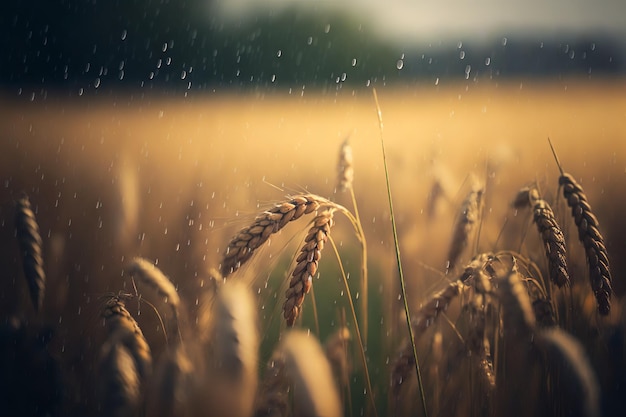 Un champ de blé avec des gouttes de pluie dessus