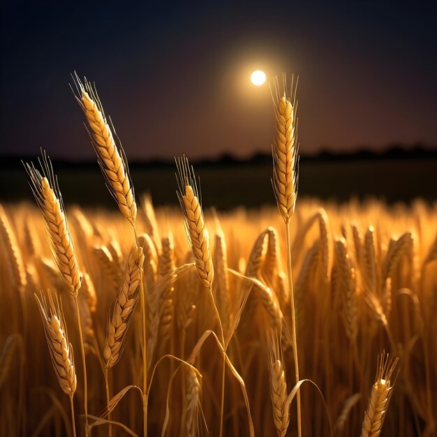 un champ de blé avec la lune en arrière-plan