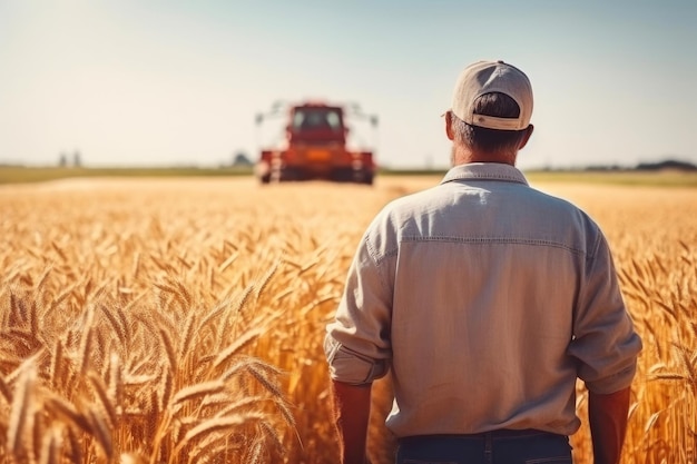 Un champ de blé mûr avec un agriculteur et un moissonneur