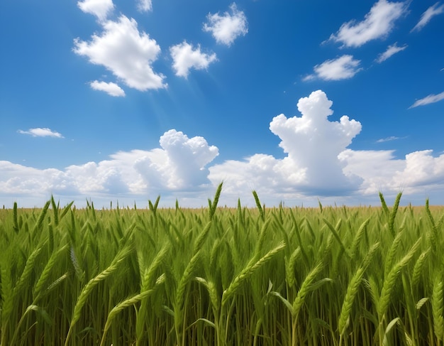 un champ de blé avec des nuages dans le ciel