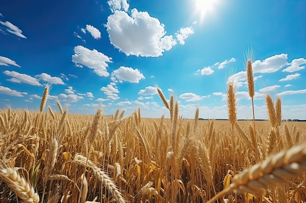Champ de blé Épis de blé doré en gros plan Beau paysage rural sous la lumière du soleil et le ciel bleu Arrière-plan des épis mûrs du champ de blé de prairie AI générative