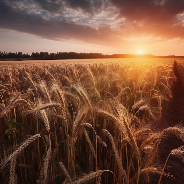 Un champ de blé avec le soleil couchant derrière lui