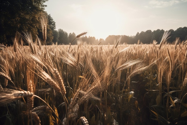 Un champ de blé avec le soleil couchant derrière lui