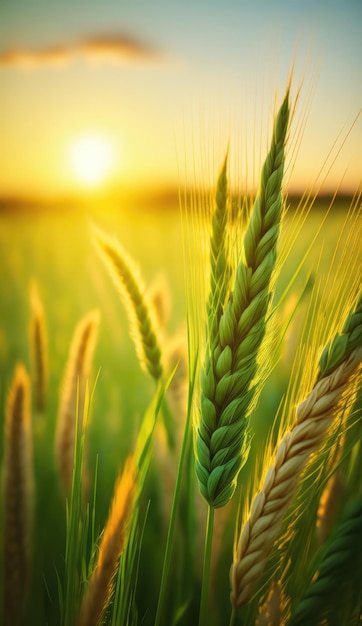 Un champ de blé avec le soleil couchant derrière lui