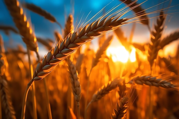 Un champ de blé avec le soleil couchant derrière lui